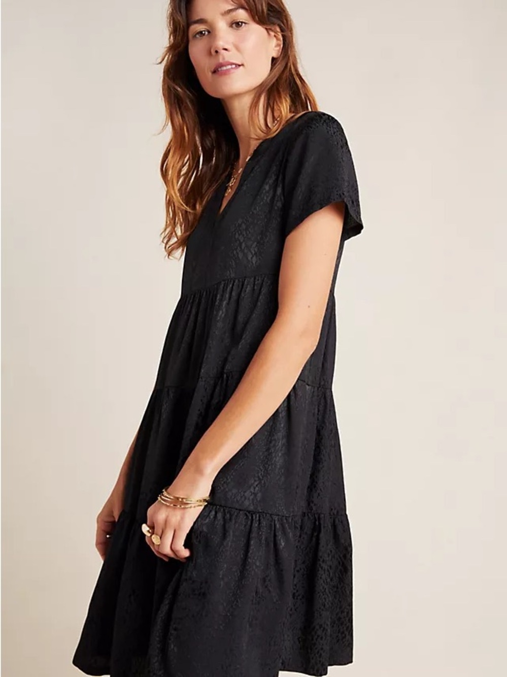 Anthropologie Black Lace Tiered V-Neck Mini Dress Size M 100% Viscose